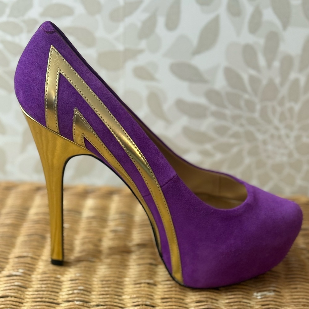 Taylor Says Women’s 9 Blondie Purple Suede Gold Platform Pumps Stiletto Heels - Picture 5 of 10